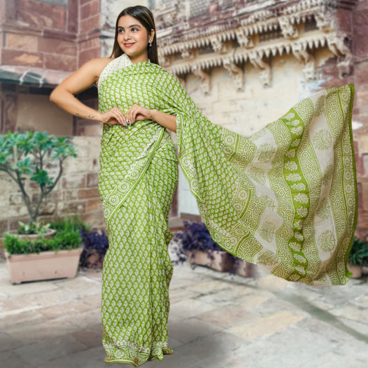 Breathable mul cotton green designer saree handblock handprint floral motifs and matching pallu blouse online shopping made in india