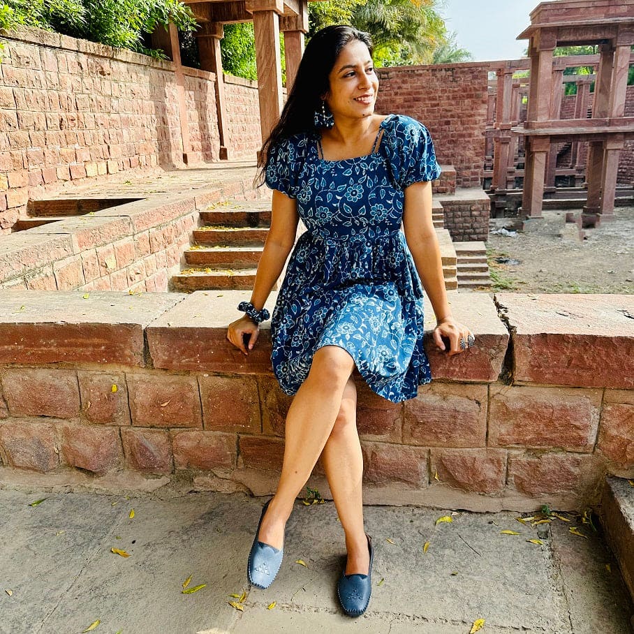 latest fashion designer indigo handblock cotton dress made in india online shopping