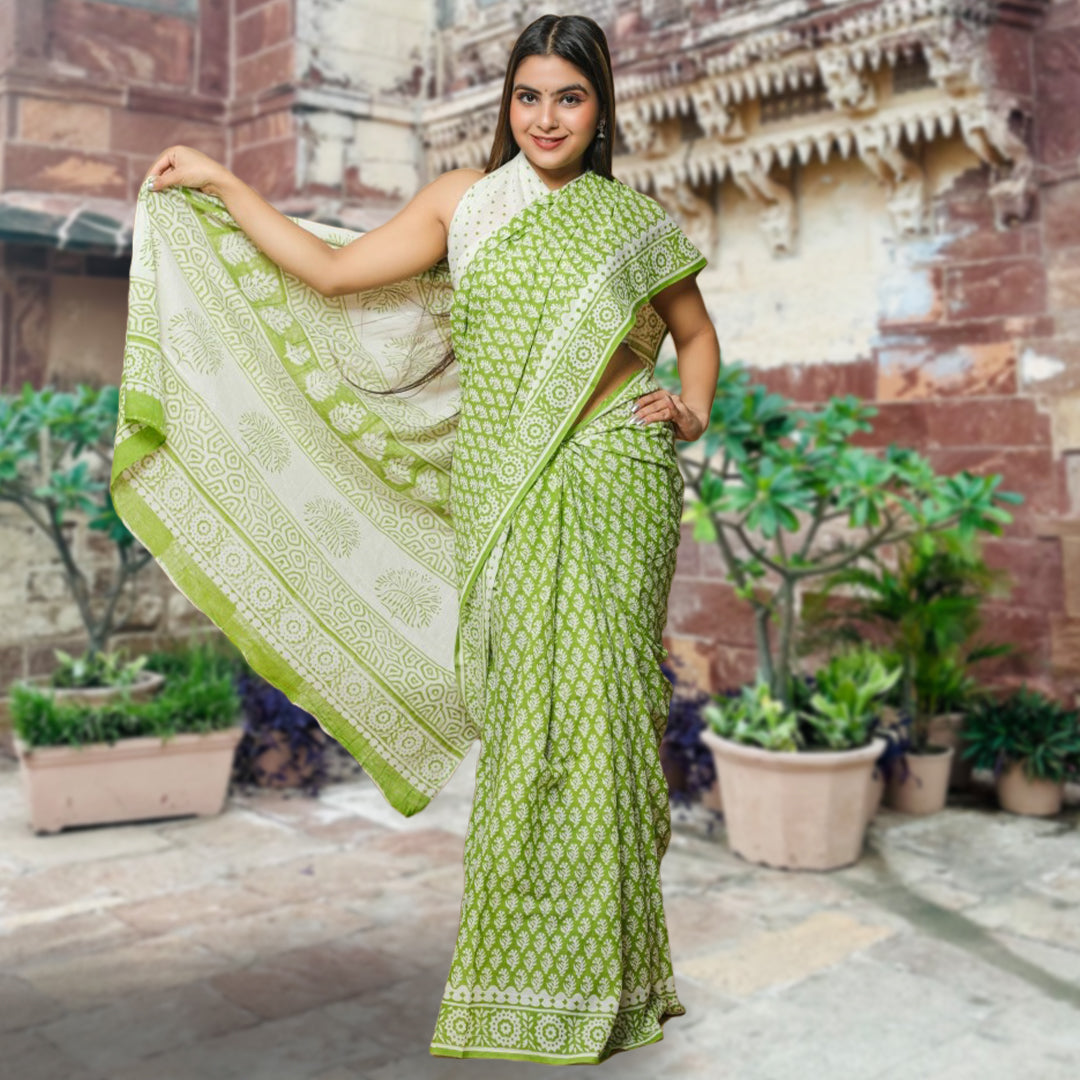 Breathable mul cotton green designer saree handblock handprint floral motifs and matching pallu blouse online shopping made in india