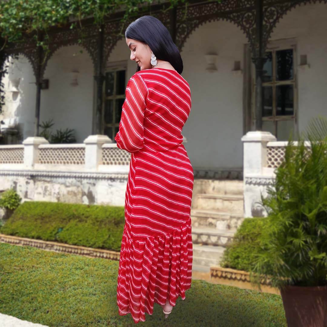 latest fashion designer handmade georgette long dress leheriya print summer wear sustainable fashion