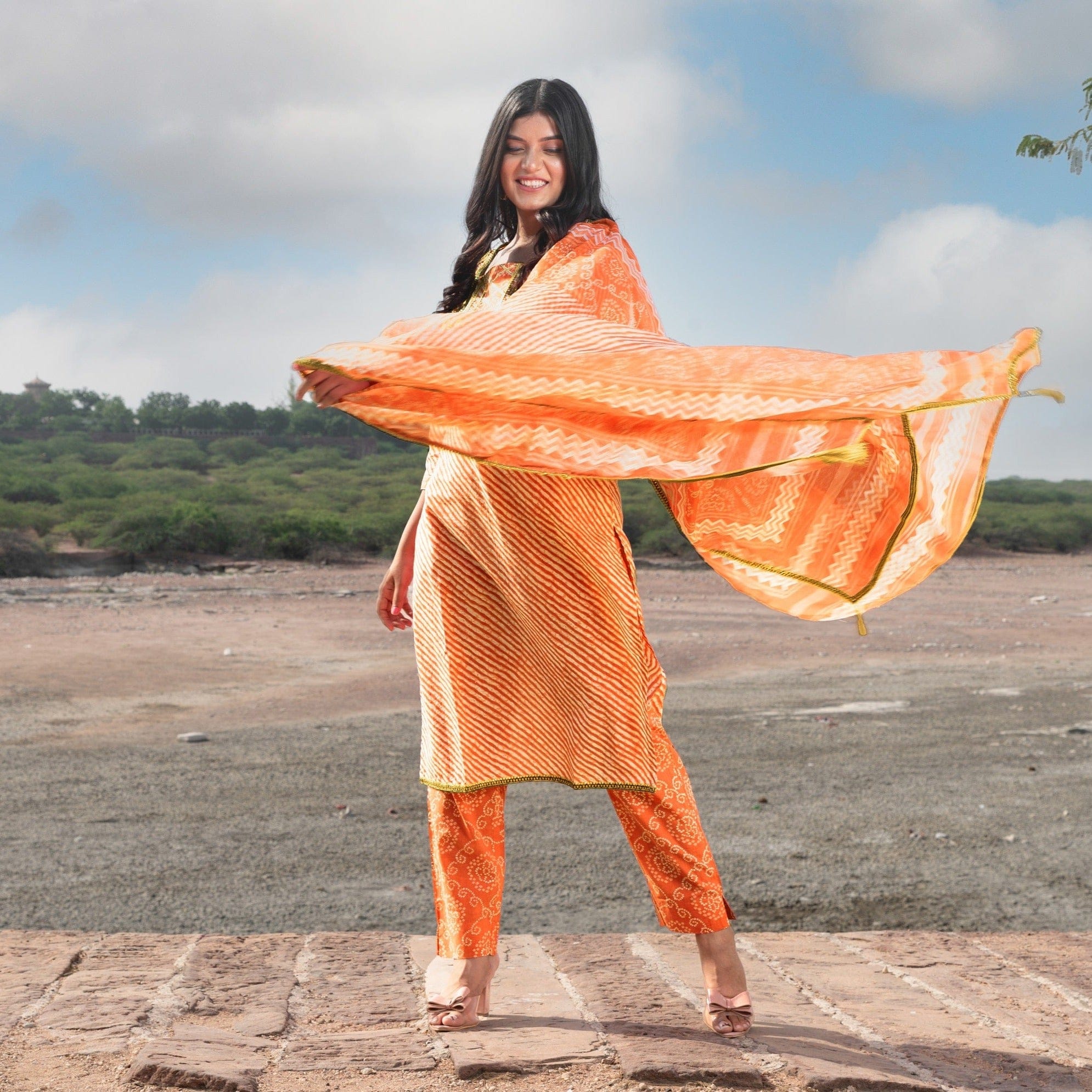 Orange Lehariya Bandhej cotton suit set with cotton dupatta