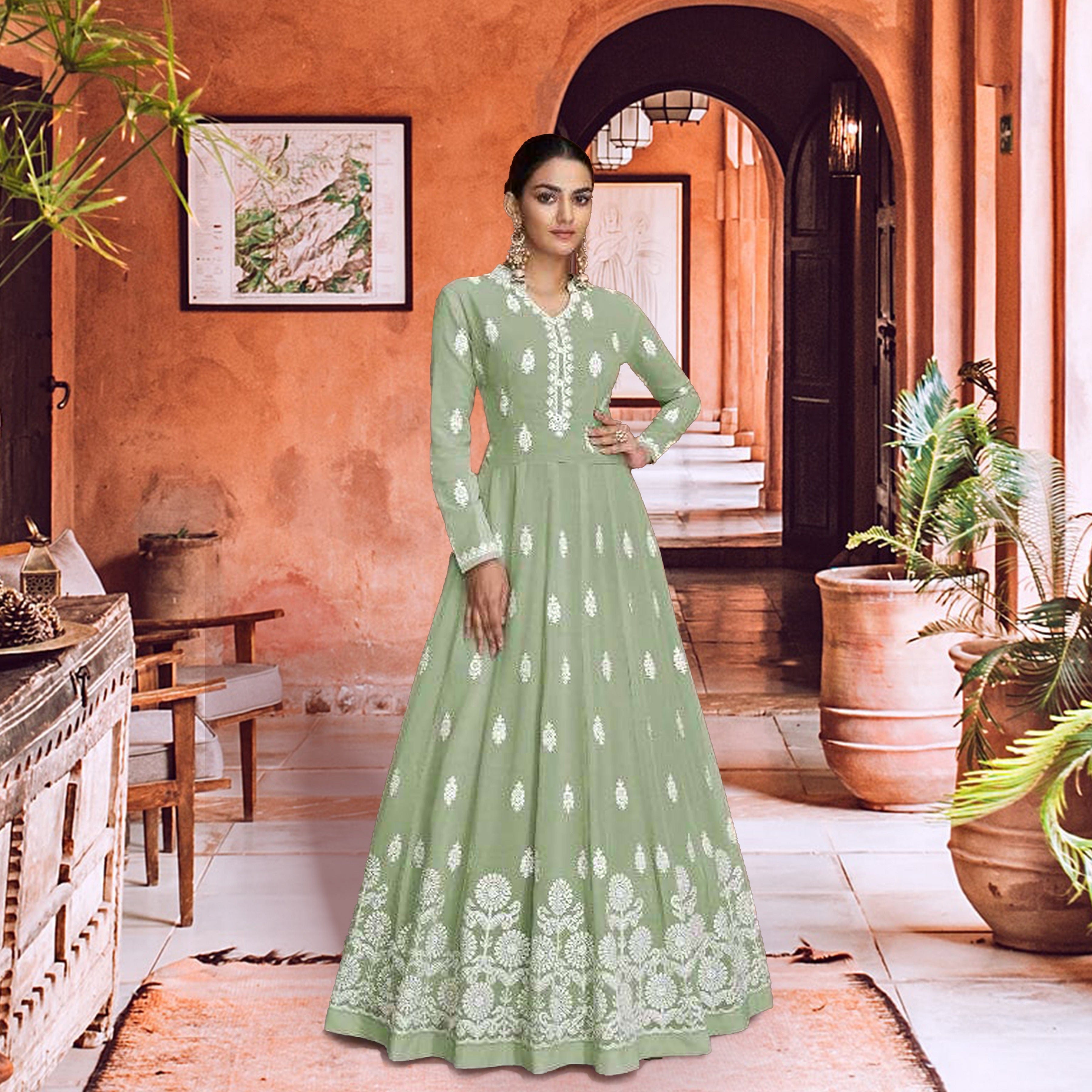 hand embroidered light green chikankari work evening party dress gown long sleeves made in india online shopping designer wear