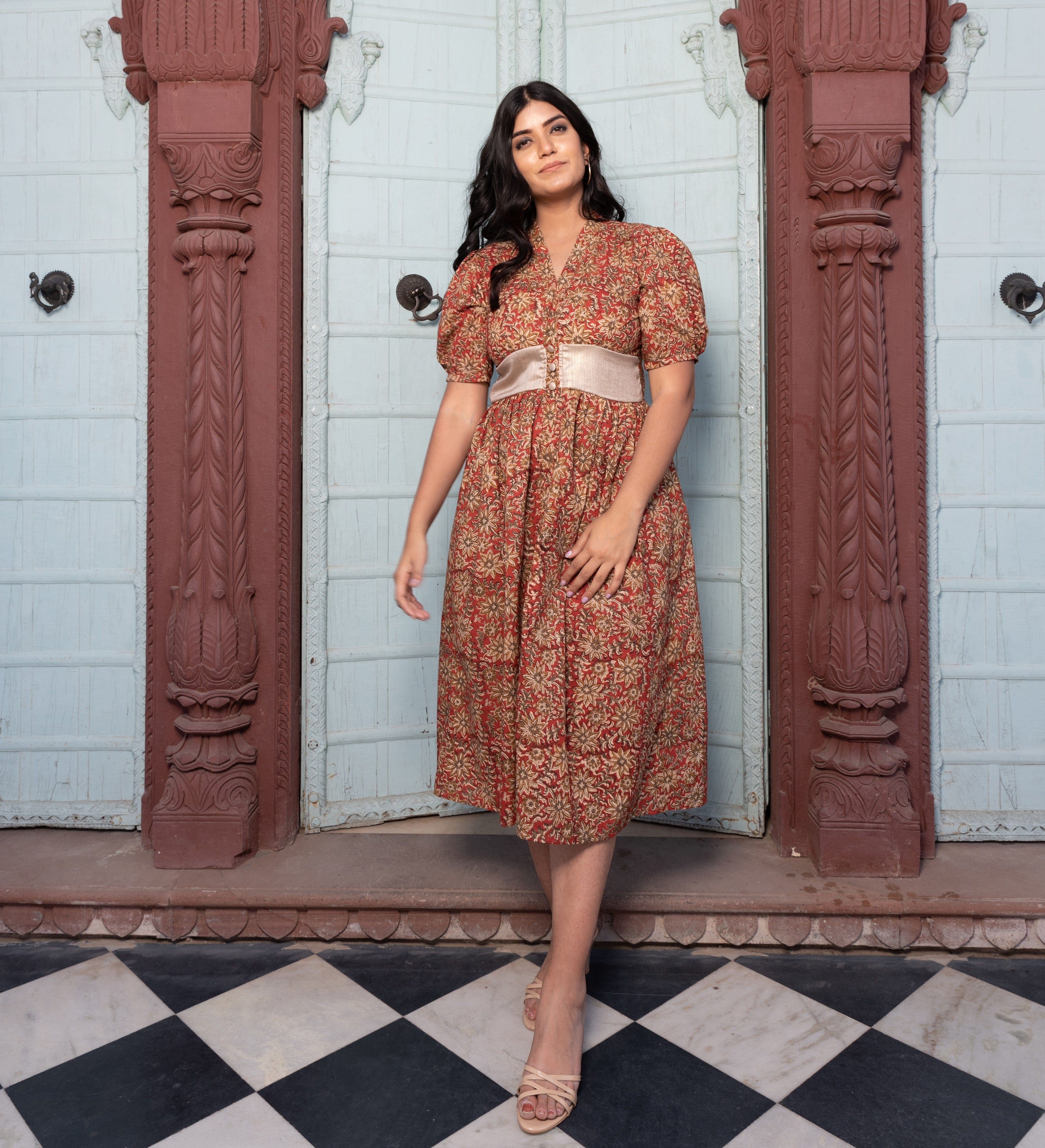 buy online shopping india latest fashion handblock cotton long dress red colour floral print in organic dye skin friendly