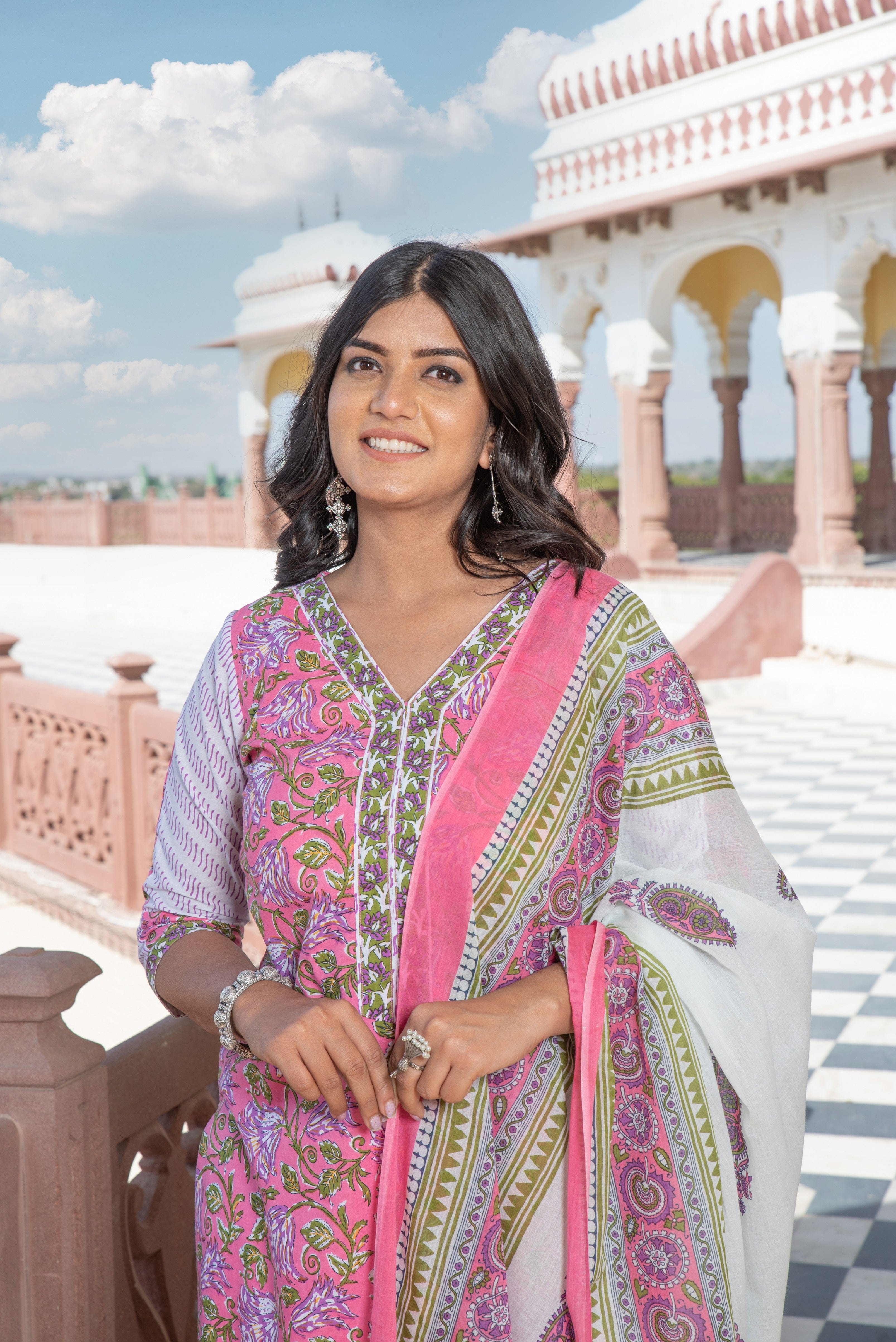 summer wear pink floral print handblock cotton suit dupatta designer sleeves trendy neck pattern online  buy online