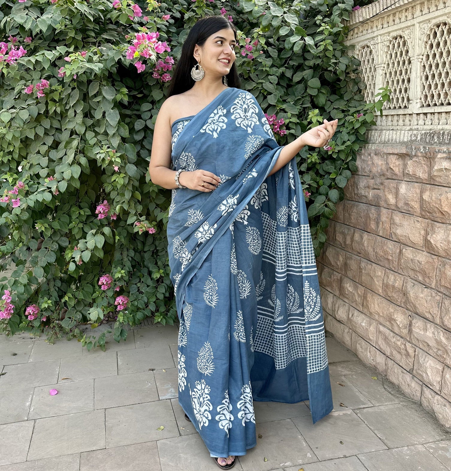 latest fashion designer grey cotton saree floral motifs hand block prints made in india online shopping for summer wear