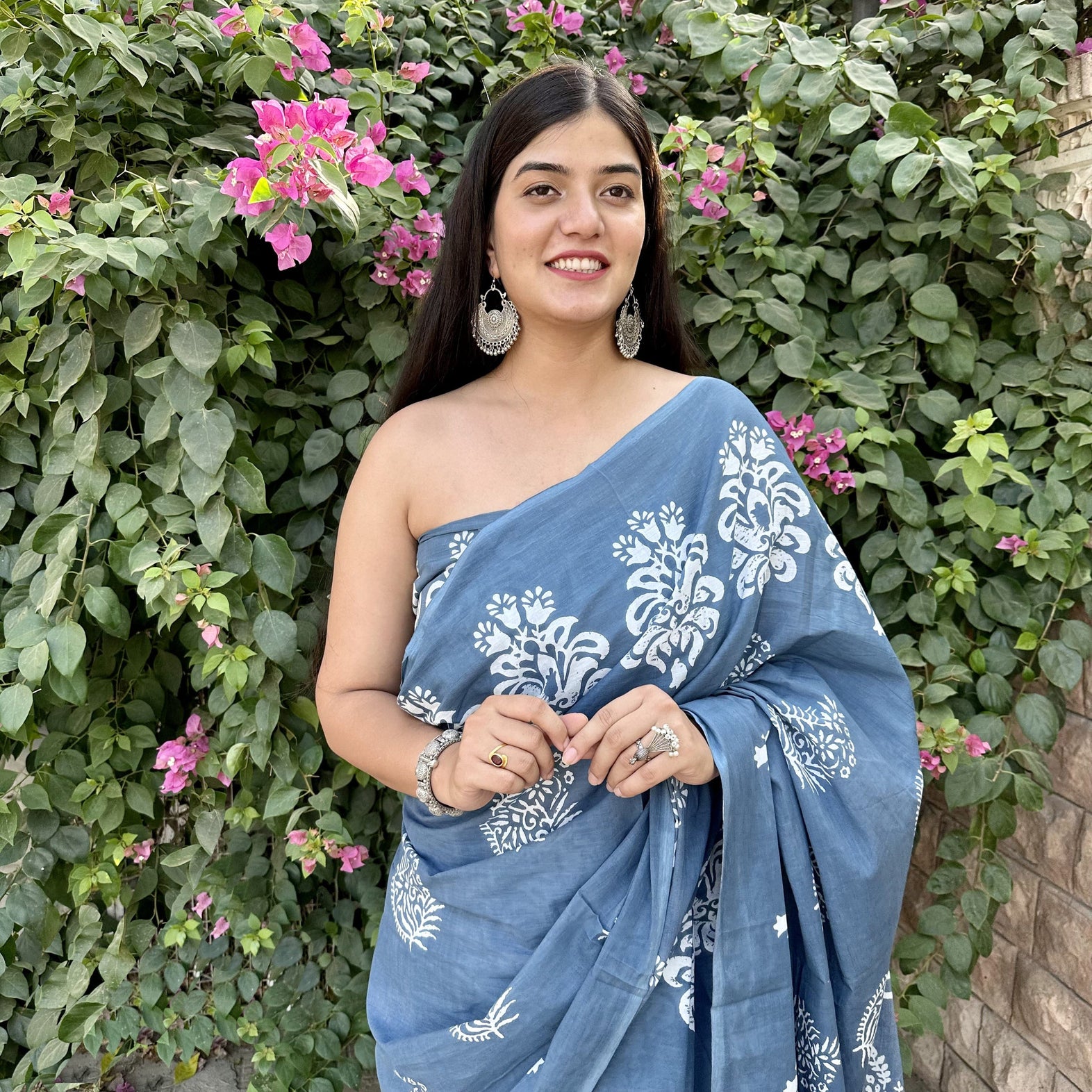 latest fashion designer grey cotton saree floral motifs hand block prints made in india online shopping for summer wear