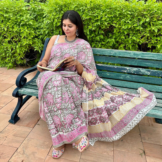 latest fashion designer white cotton saree with pink floral motifs hand block prints made in india online shopping jaal print flower design
