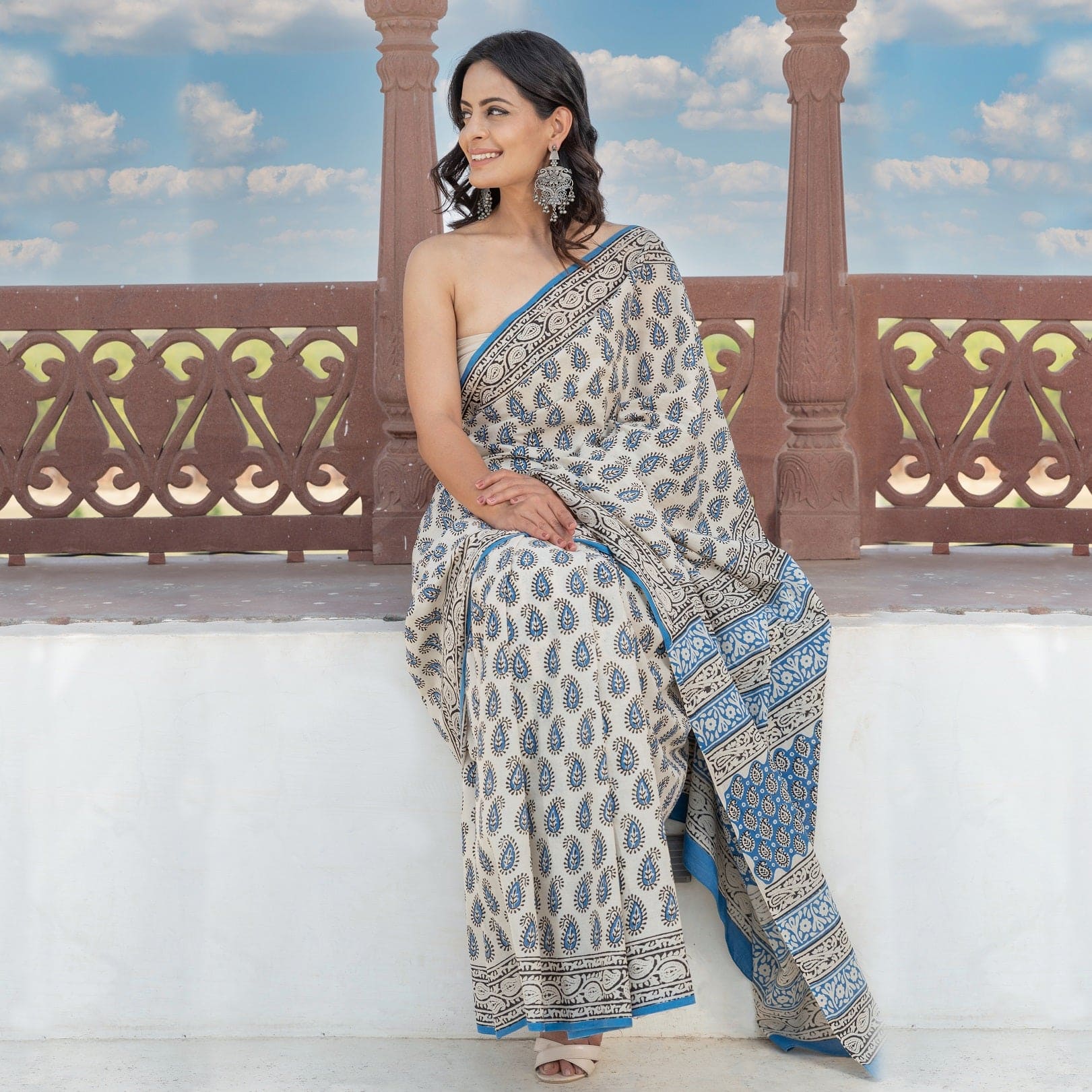 Seher cotton saree with blue hand block motifs