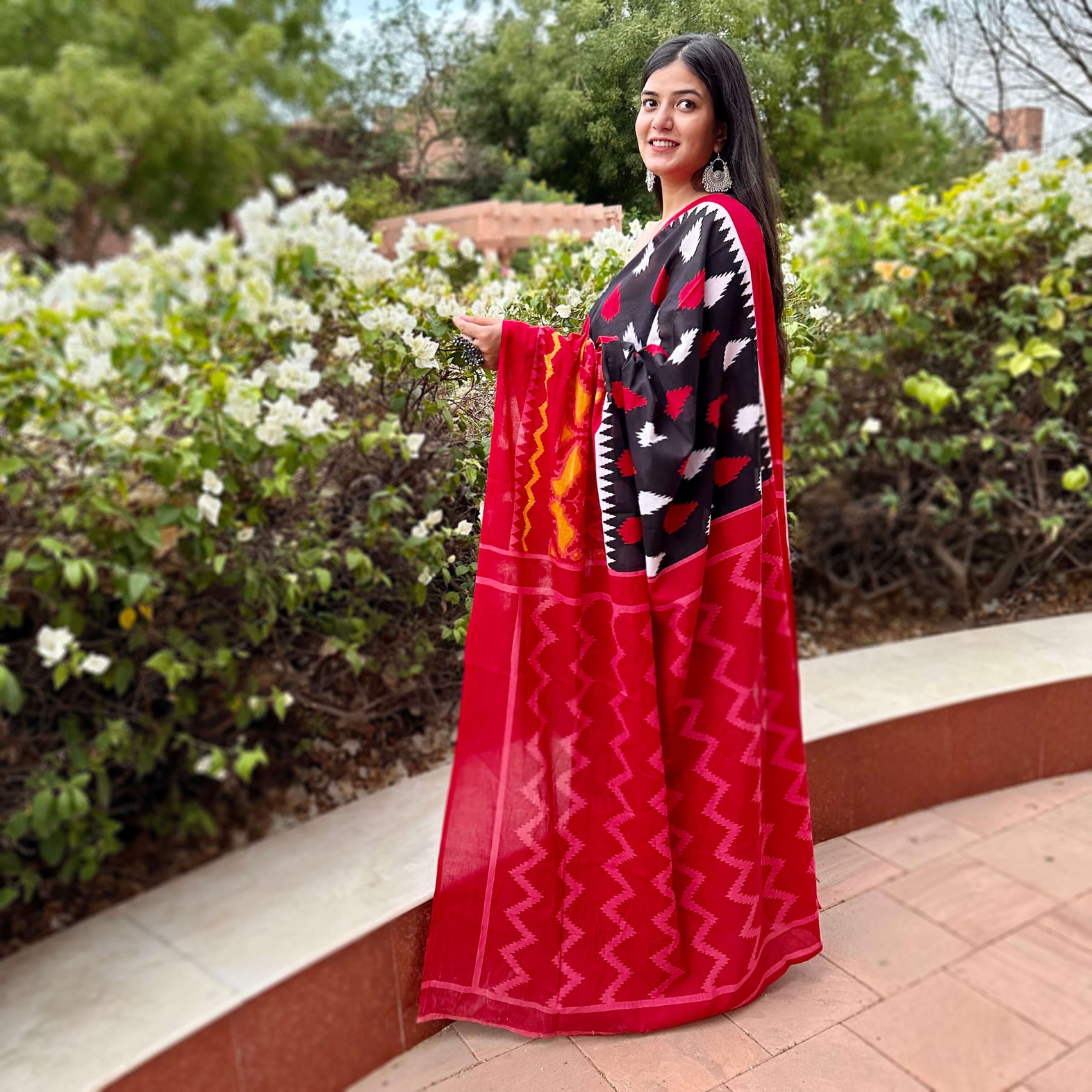 latest fashion designer black maroon red cotton saree with geometrical floral motifs hand block prints made in india online shopping