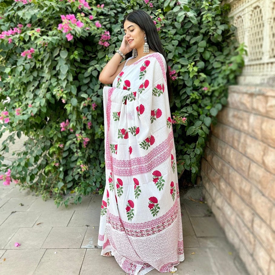 latest fashion designer white cotton saree with pink floral motifs hand block prints made in india online shopping