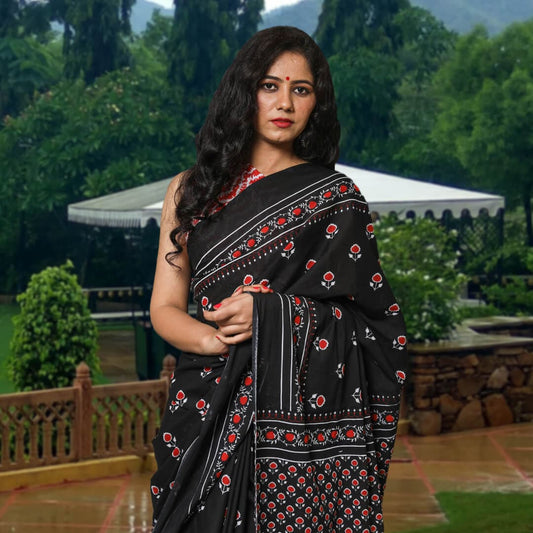 handblock black saree with beautiful pallu red booti floral print online shopping india