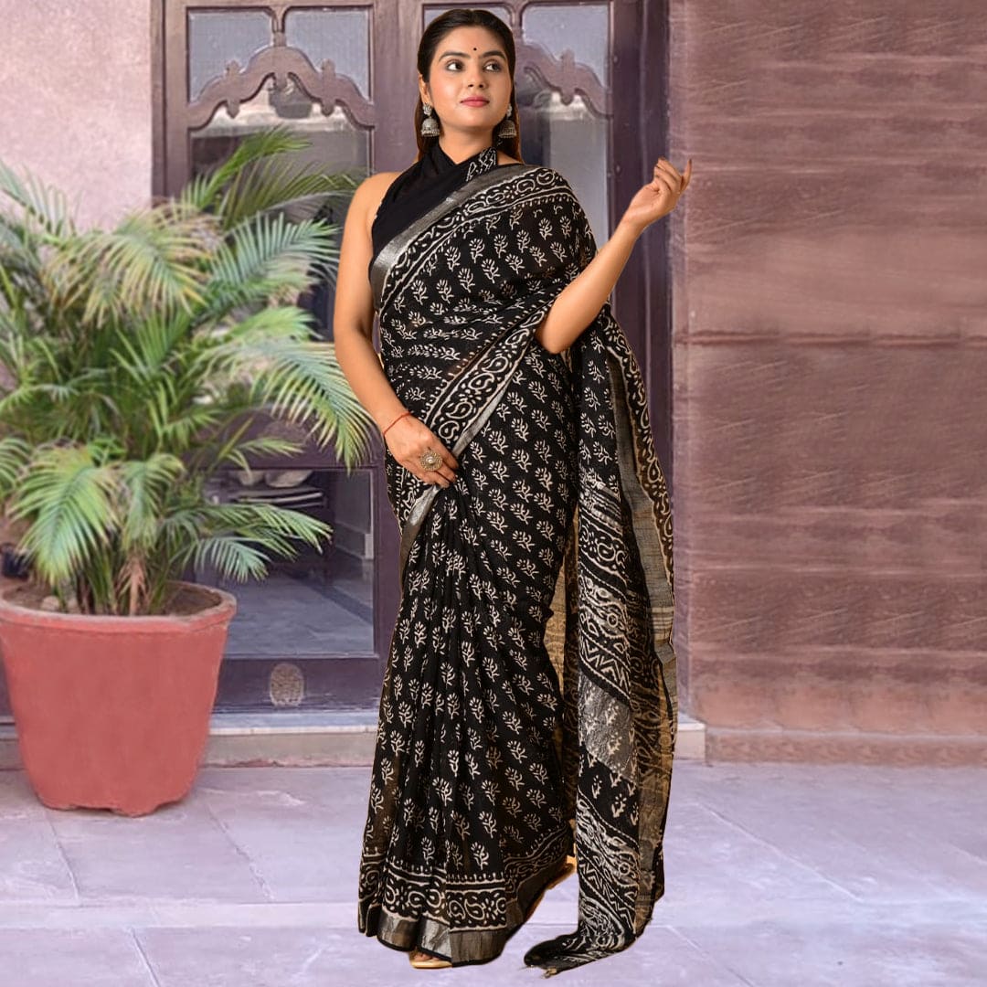 black linen saree blouse handblock print handmade in india online shopping