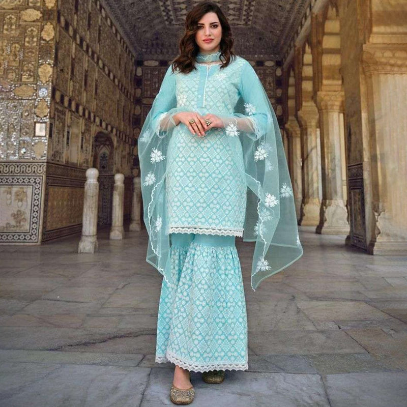 Chikankari Schiffli Sharara Suit with Chiffon Dupatta main image 0