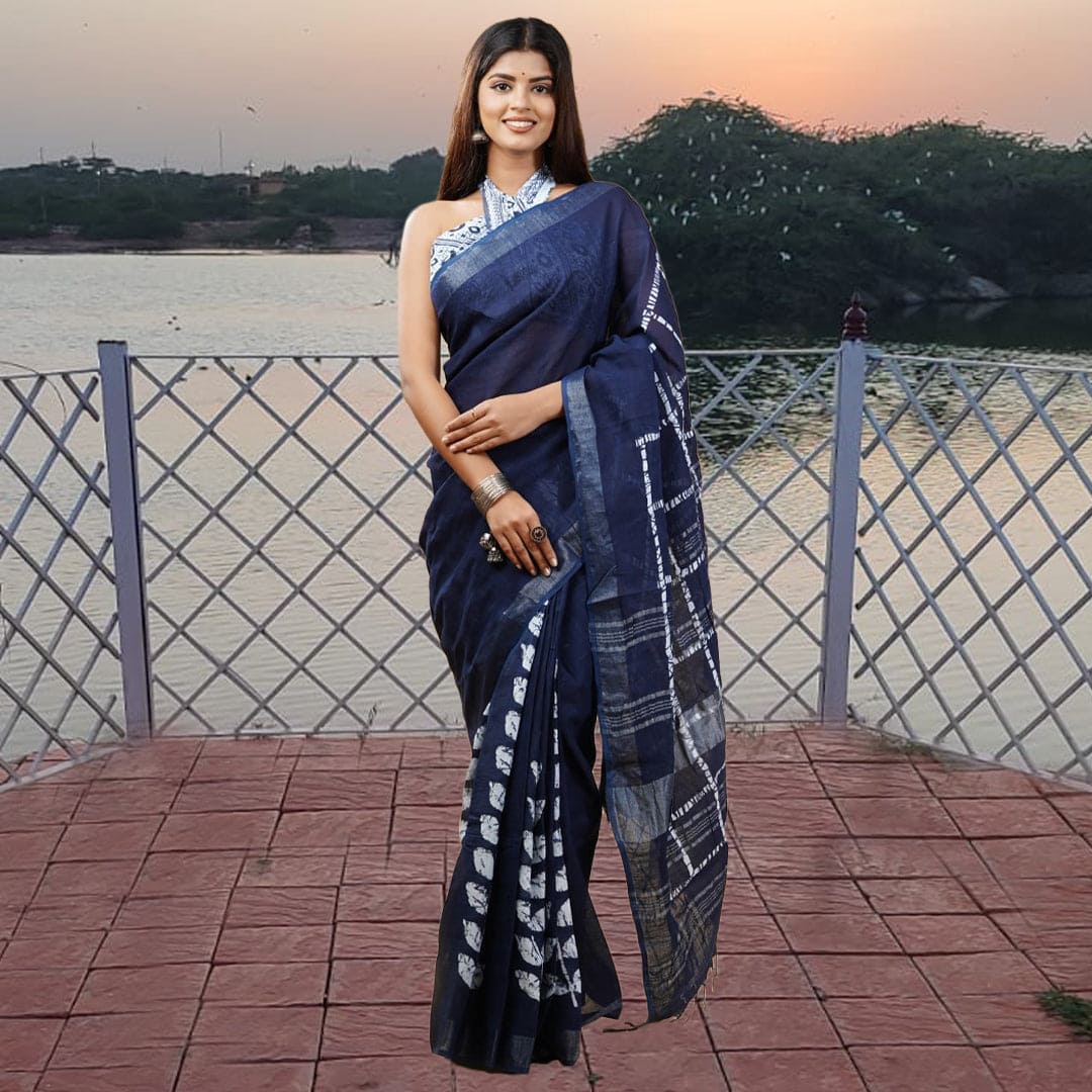 beautiful designer blue indigo handblock linen saree with border best for daily wear latest sustainable fashion