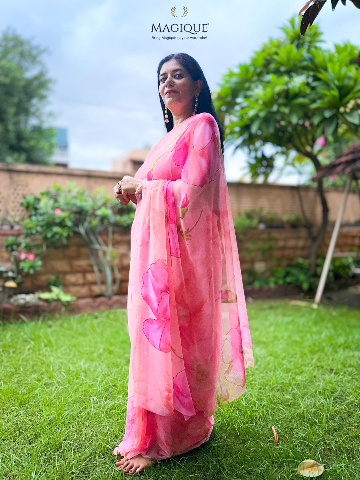 High quality designer premium chiffon saree handmade using natural dye and matching blouse in floral jaal print in pink colour online shopping india