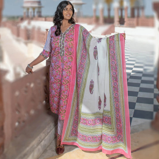 summer wear pink floral jaal print cotton kurta pant pallazo dupatta handblock prints made in india latest fashion designer