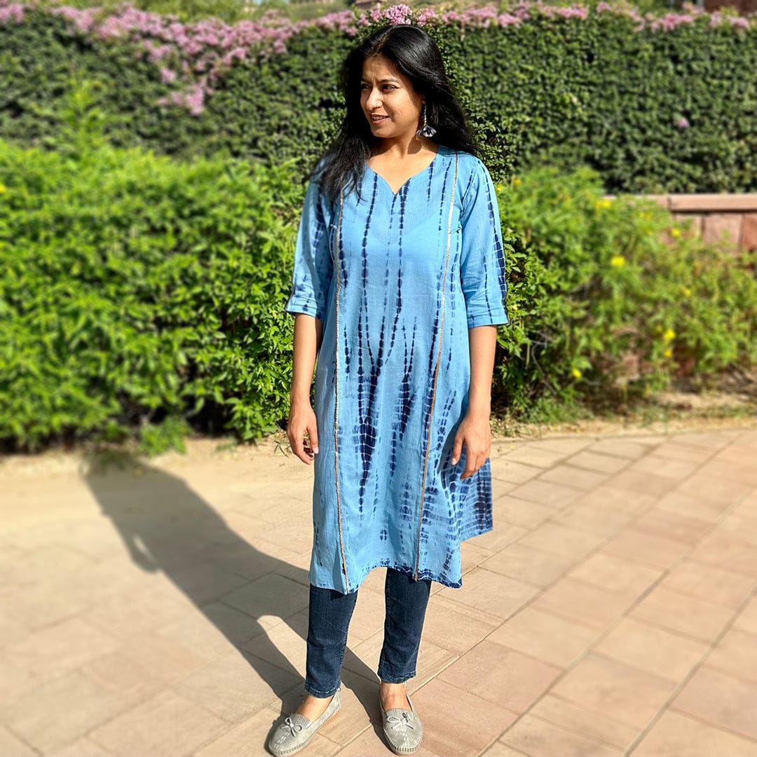 latest fashion designer blue tie-dye shibori mul cotton kurti kurta summer wear for office and part