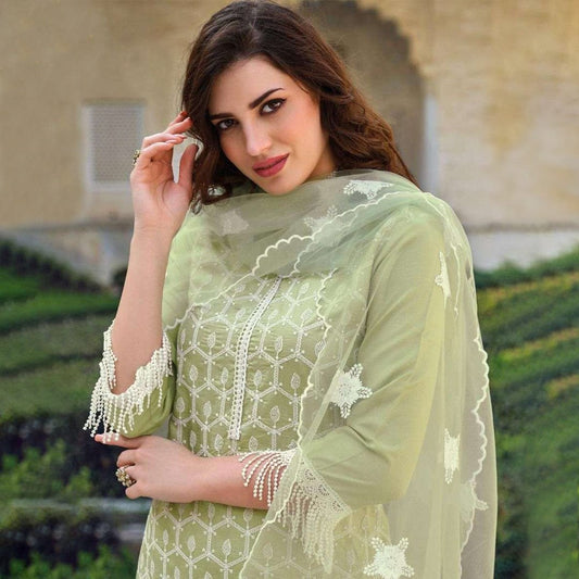 green embroidered chikankari cotton sharara set for summer festive wear latest fashion designer dress floral motifs schiffli work