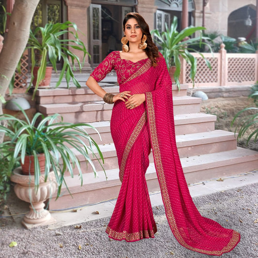 Handmade designer georgette red pink burgundy saree and blouse for online shopping made in India