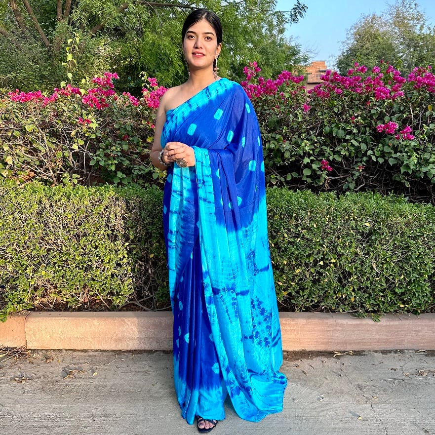 blue bandhej shibori tie dye chinnon saree handmade in india light-weight for summer wear party wear office wear Indian outfit