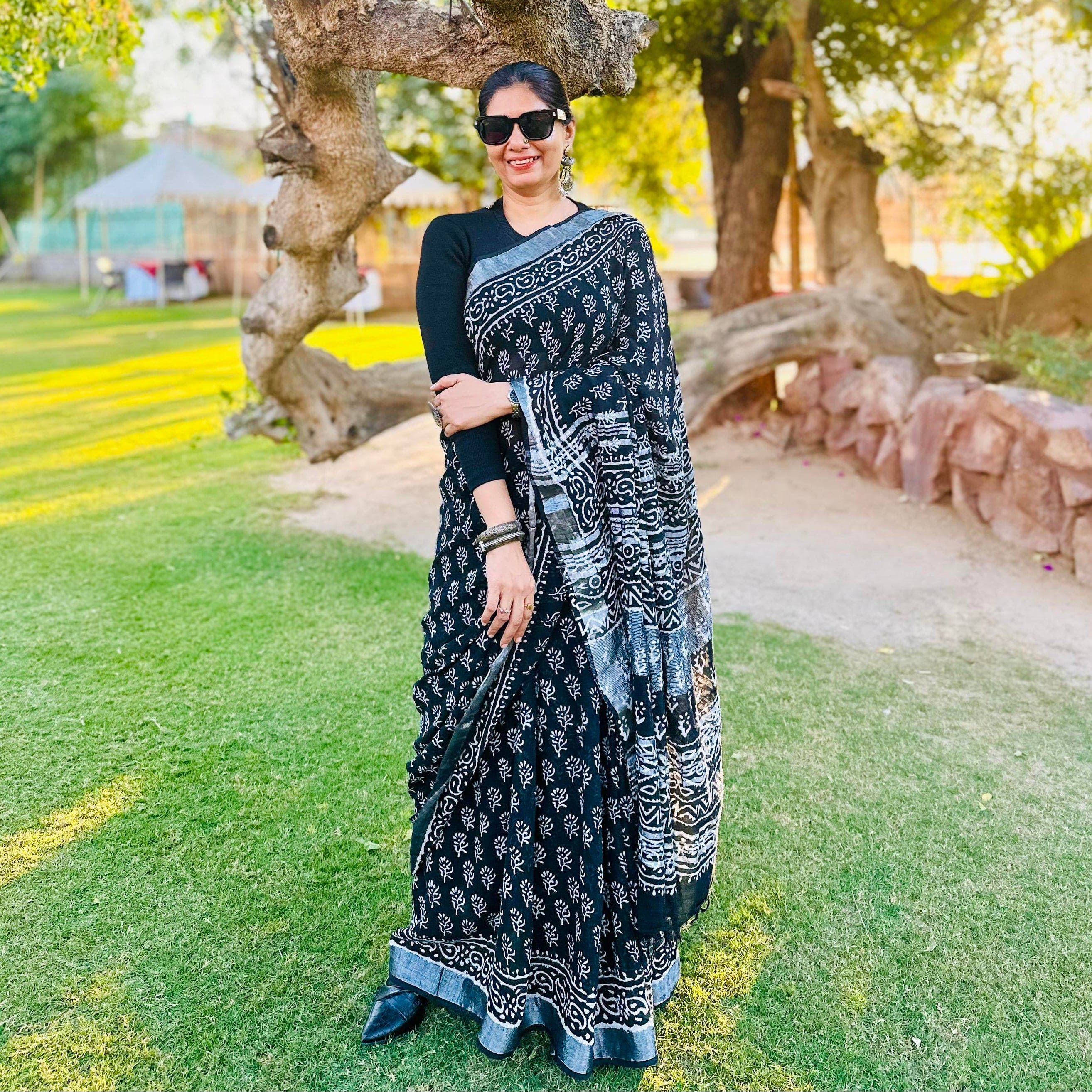 handblock black premium linen saree blouse in latest sustainable fashion designer style