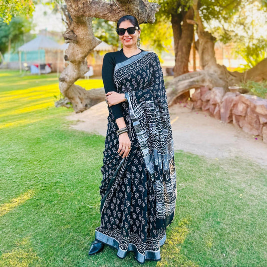 handblock black premium linen saree blouse in latest sustainable fashion designer style