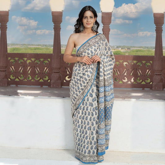 Seher cotton saree with blue hand block motifs