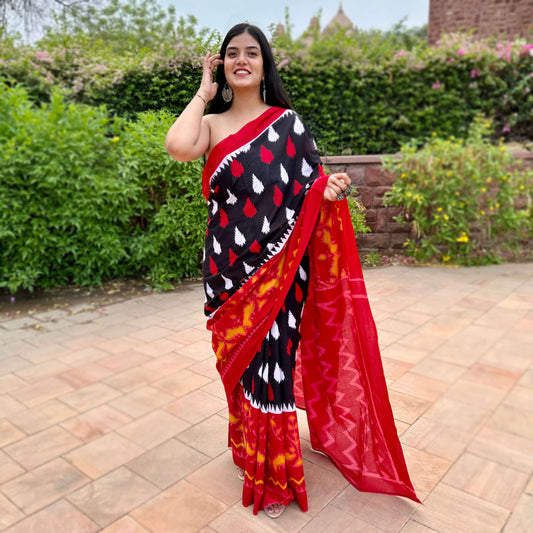 latest fashion designer black maroon red cotton saree with geometrical floral motifs hand block prints made in india online shopping