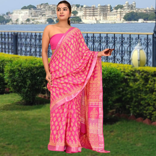 Arohi pink handblock linen saree with blouse