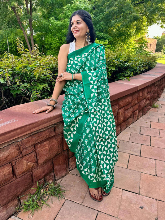Emerald Grace handblock premium cotton saree blouse