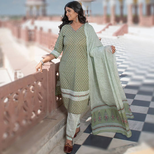 light green cotton suit set dupatta soft pink boota handblock print styling on kurta front neck buy online 