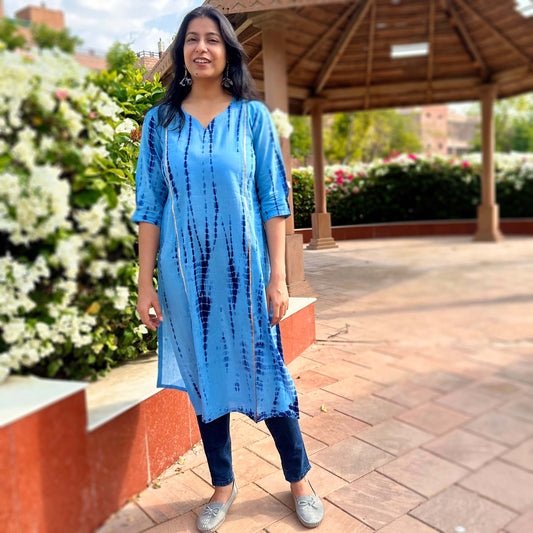 latest fashion designer blue tie-dye shibori mul cotton kurti kurta summer wear for office and part