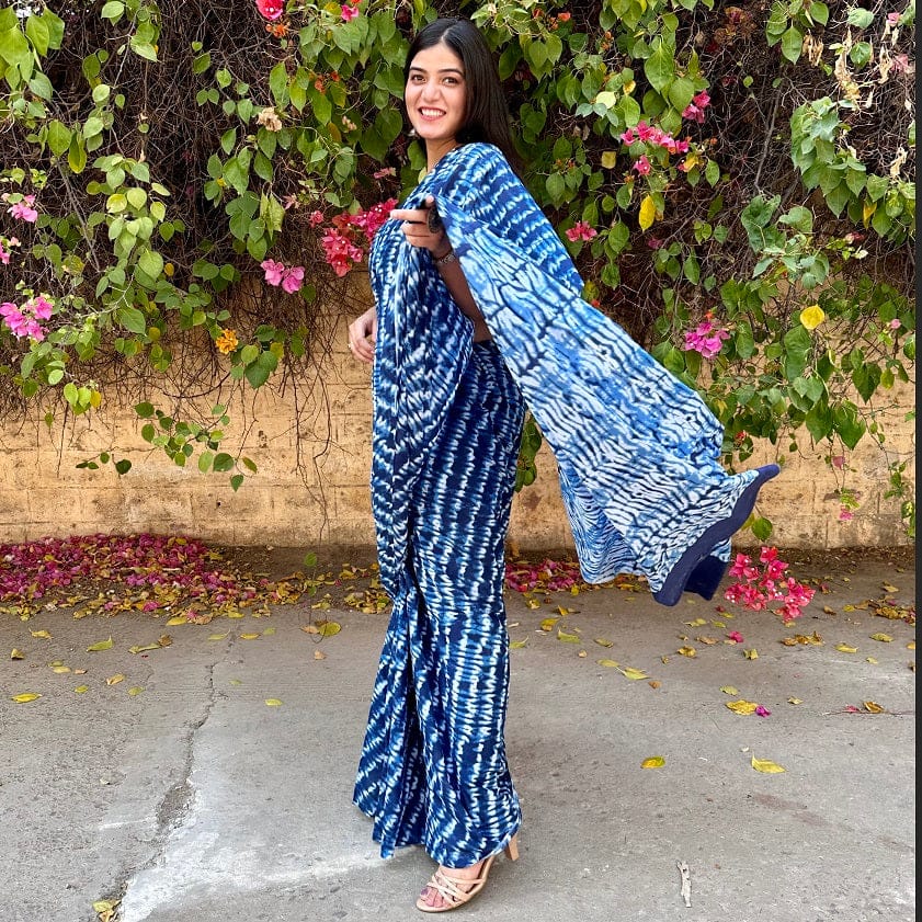 Breathable mul cotton designer saree handblock blue indigo print and matching pallu blouse online shopping made in india