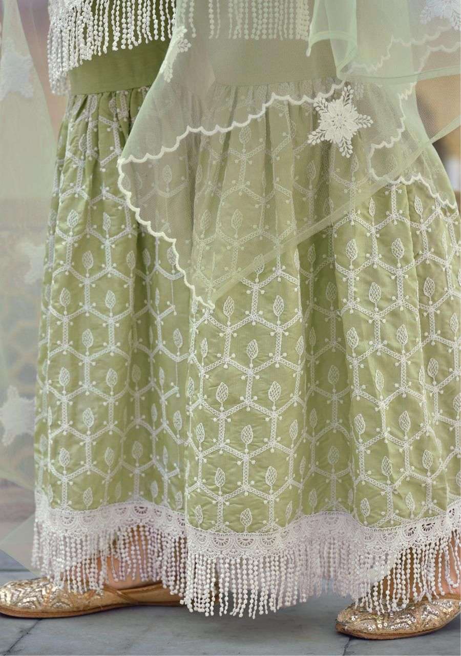 green embroidered chikankari cotton sharara set for summer festive wear latest fashion designer dress floral motifs schiffli work