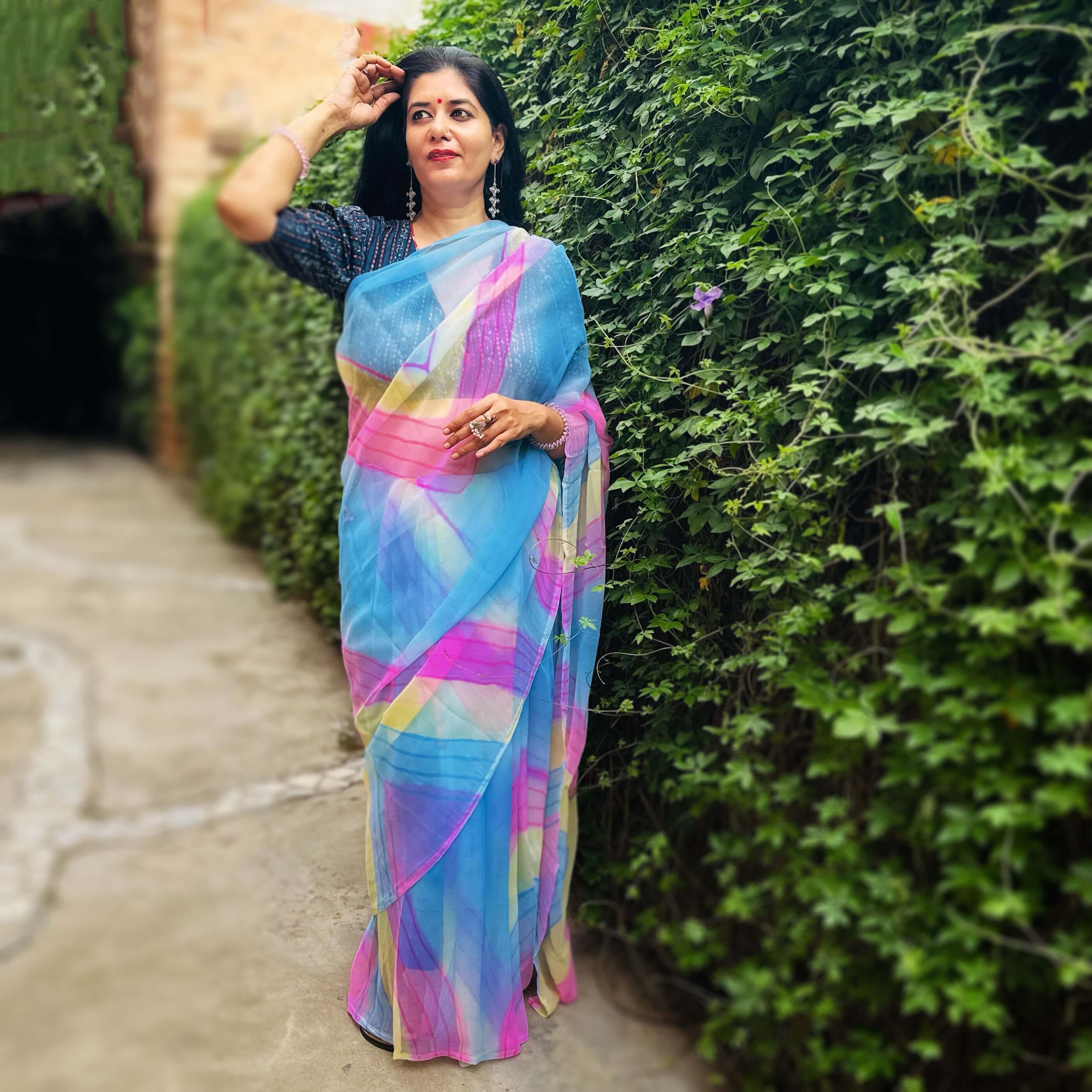 High quality designer premium chiffon saree handmade using natural dye and matching blouse in floral jaal print in multicolour colour online shopping india