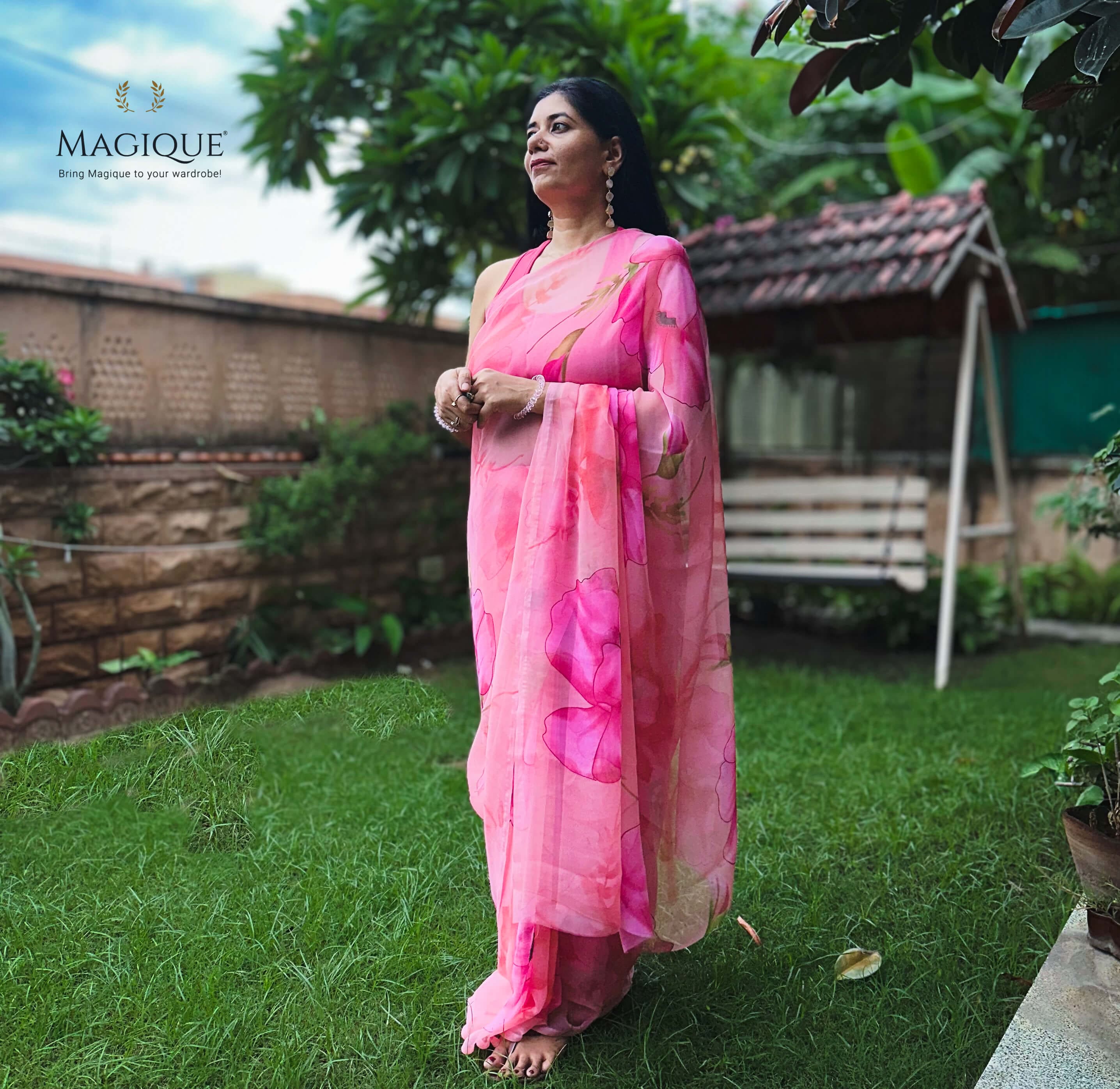 High quality designer premium chiffon saree handmade using natural dye and matching blouse in floral jaal print in pink colour online shopping india
