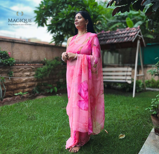 High quality designer premium chiffon saree handmade using natural dye and matching blouse in floral jaal print in pink colour online shopping india