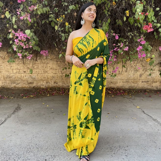 green bandhej shibori tie dye chinnon saree handmade in india light-weight for summer wear party wear office wear Indian outfit
