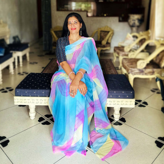 High quality designer premium chiffon saree handmade using natural dye and matching blouse in floral jaal print in multicolour colour online shopping india