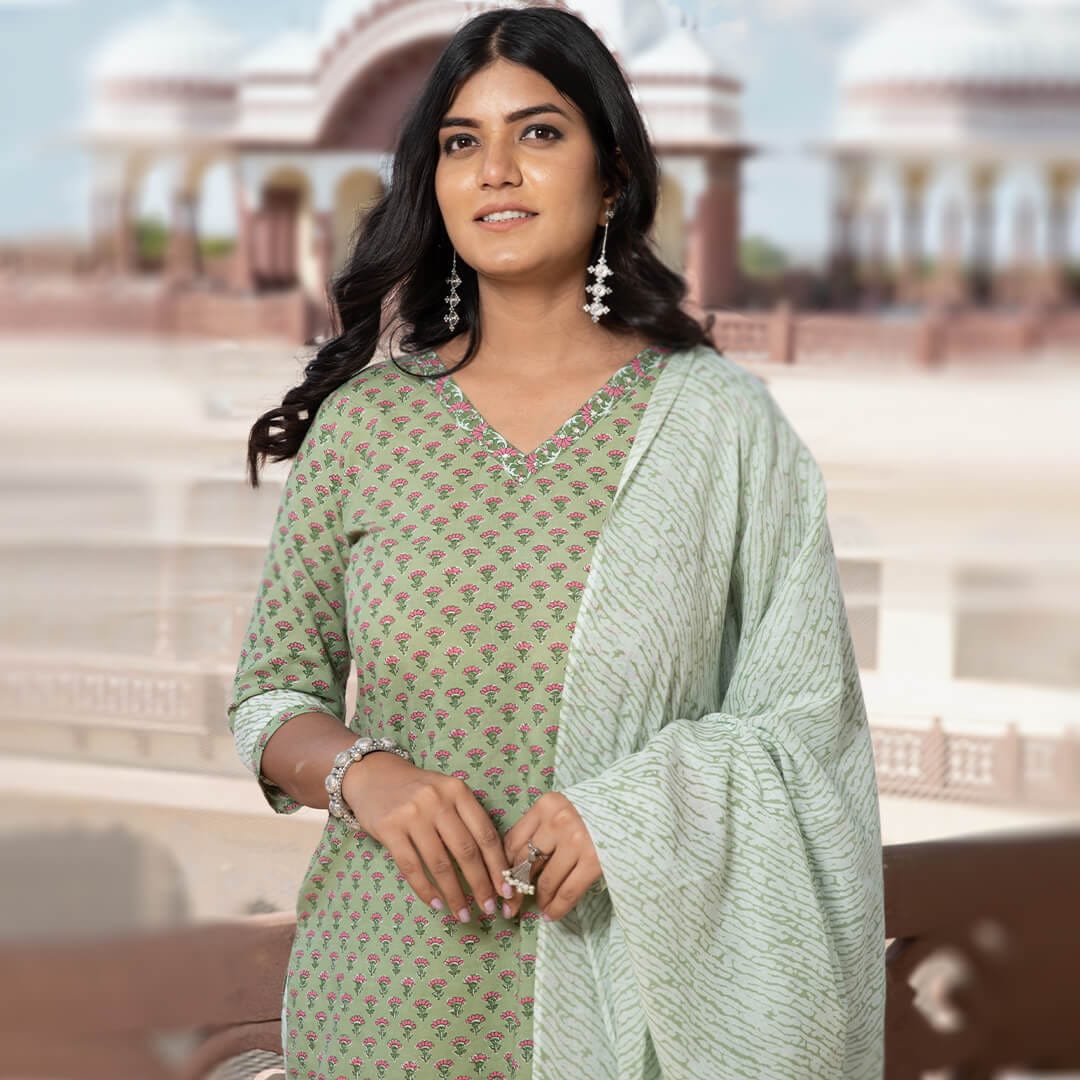 subtle hues summer cotton suit set dupatta soft pink boota hand block print stylish neck online shopping india designer wear 