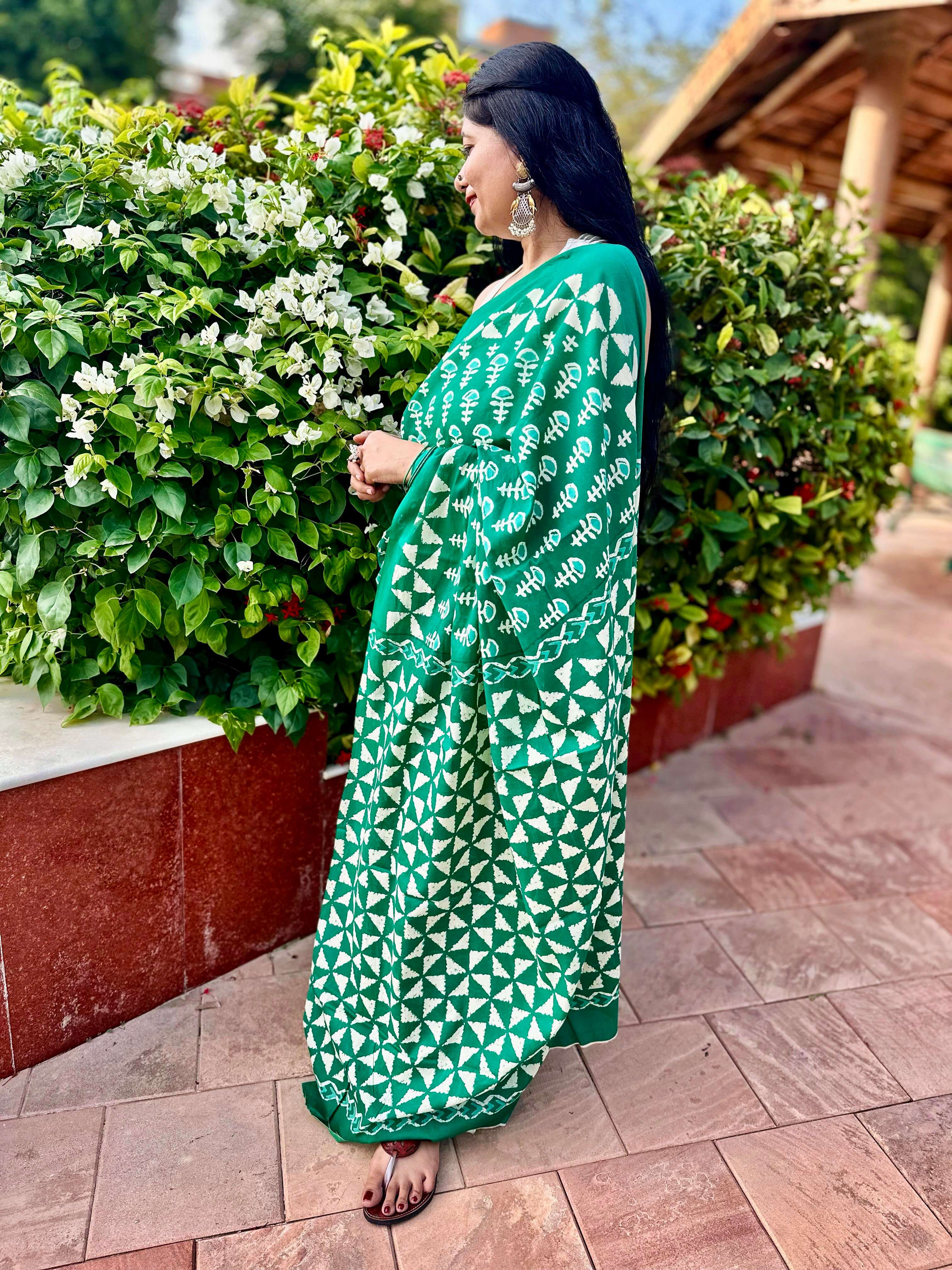 Emerald Grace handblock premium cotton saree blouse