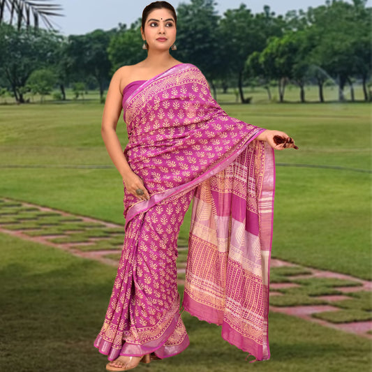 High quality designer linen saree handblock using natural dye and matching blouse in floral jaal print in pink maroon colour online shopping india