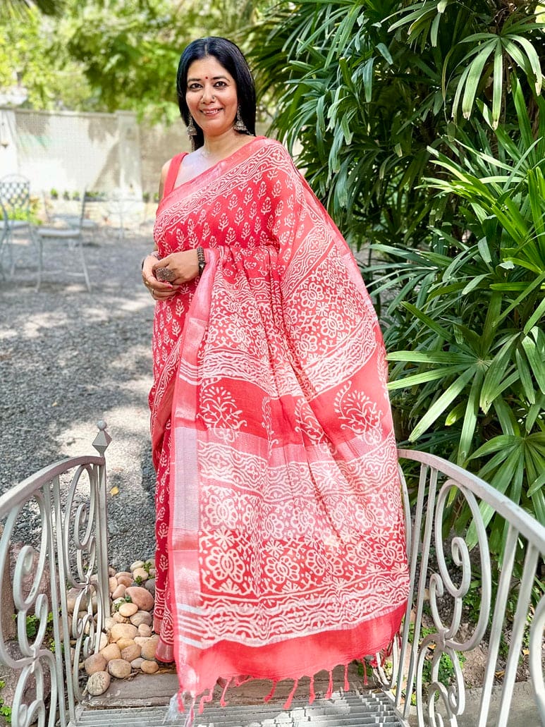 new collection designer handblock linen saree with blouse in premium quality online shopping india