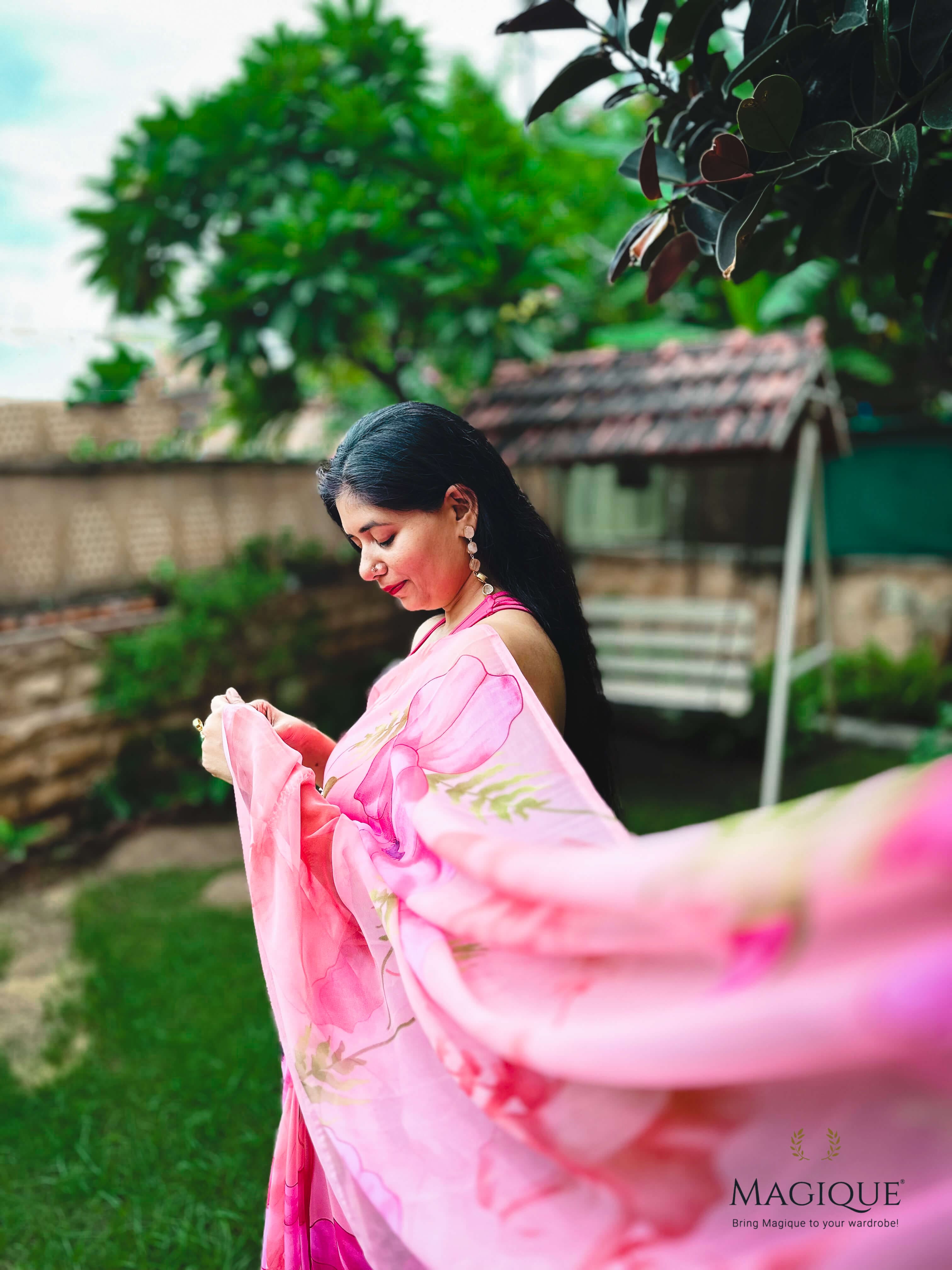 High quality designer premium chiffon saree handmade using natural dye and matching blouse in floral jaal print in pink colour online shopping india