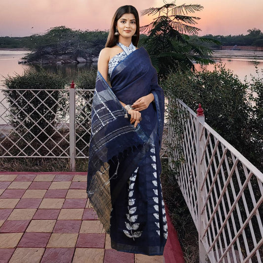 beautiful designer blue indigo handblock linen saree with border best for daily wear latest sustainable fashion