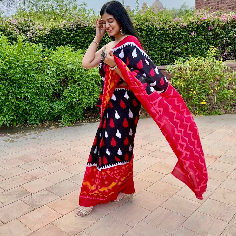 latest fashion designer black maroon red cotton saree with geometrical floral motifs hand block prints made in india online shopping