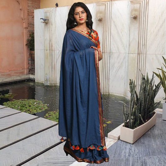 latest fashion designer blue cotton saree with handblock kalamkari blouse made in india online shopping