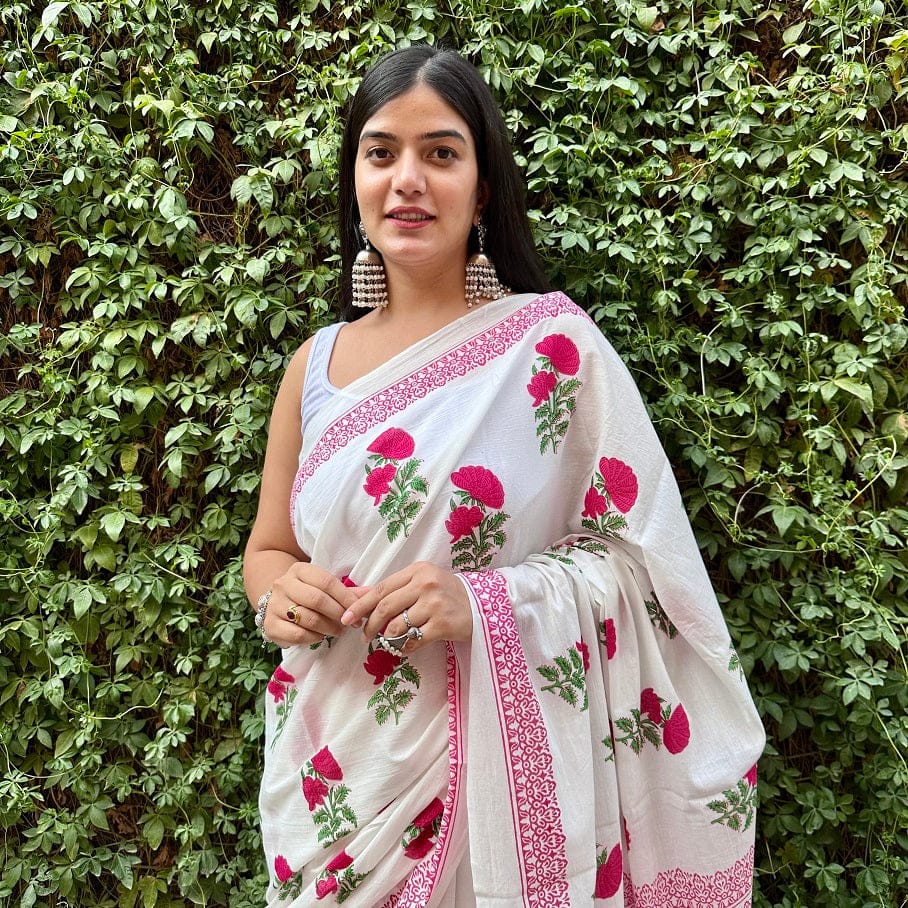 latest fashion designer white cotton saree with pink floral motifs hand block prints made in india online shopping