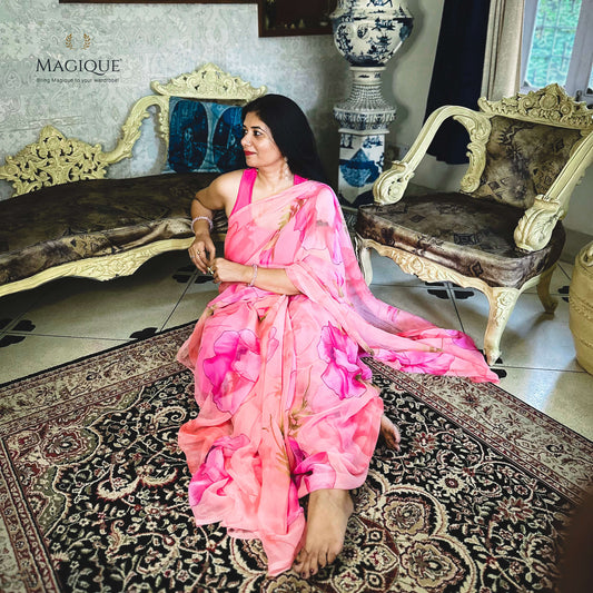 High quality designer premium chiffon saree handmade using natural dye and matching blouse in floral jaal print in pink colour online shopping india