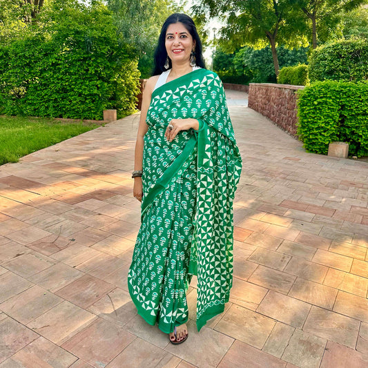 Emerald Grace handblock premium cotton saree blouse